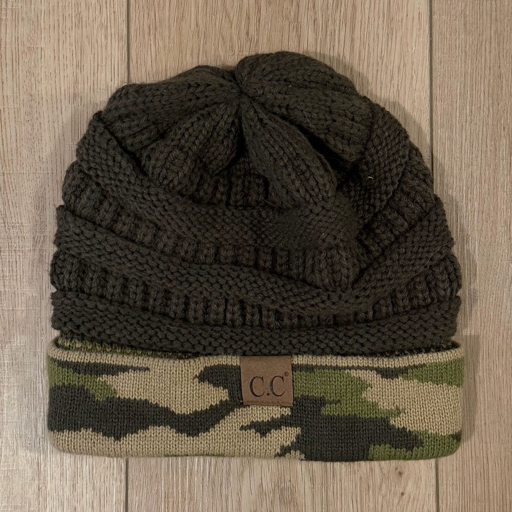 C.C Olive Knit Beanie with Camouflage Trim